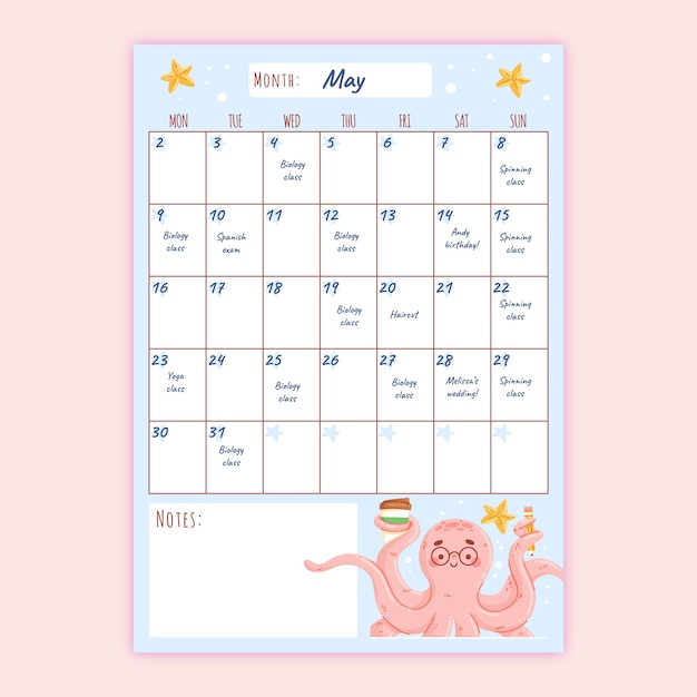 Calendario planificador mensual plano dibujado a mano