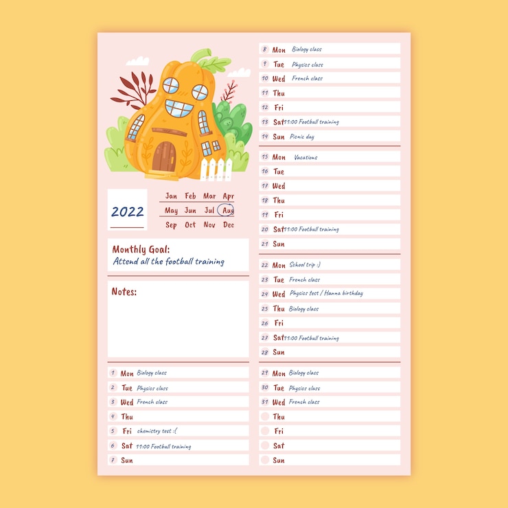 Vector gratuito calendario planificador mensual plano dibujado a mano