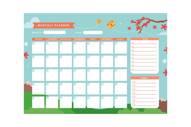 Vector gratuito calendario planificador mensual plano dibujado a mano