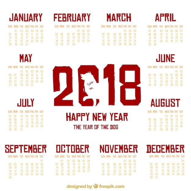 Vector gratuito calendario plano de año nuevo chino con ilustración deperro