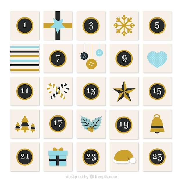 Vector gratuito calendario sofisticado de adviento con detalles dorados