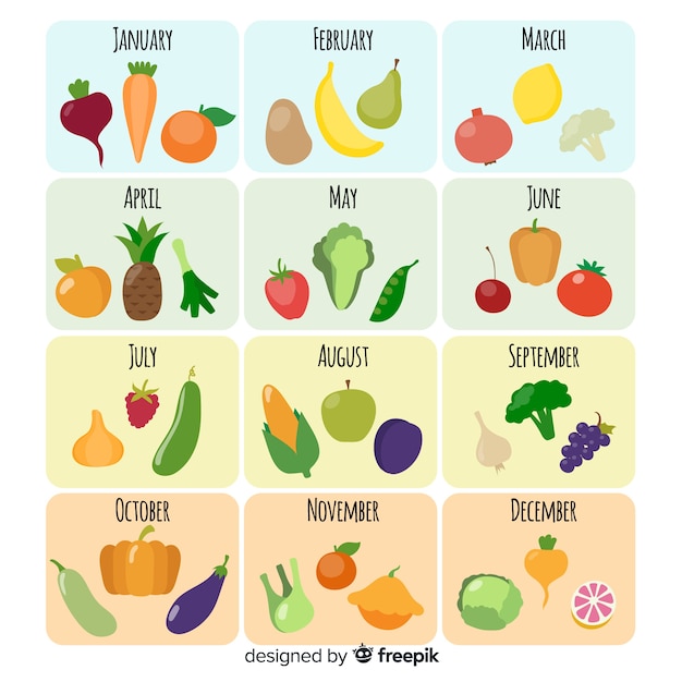 Calendario verduras y frutas estacionales colorido