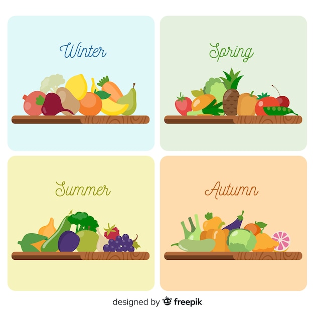 Vector gratuito calendario verduras y frutas estacionales colorido