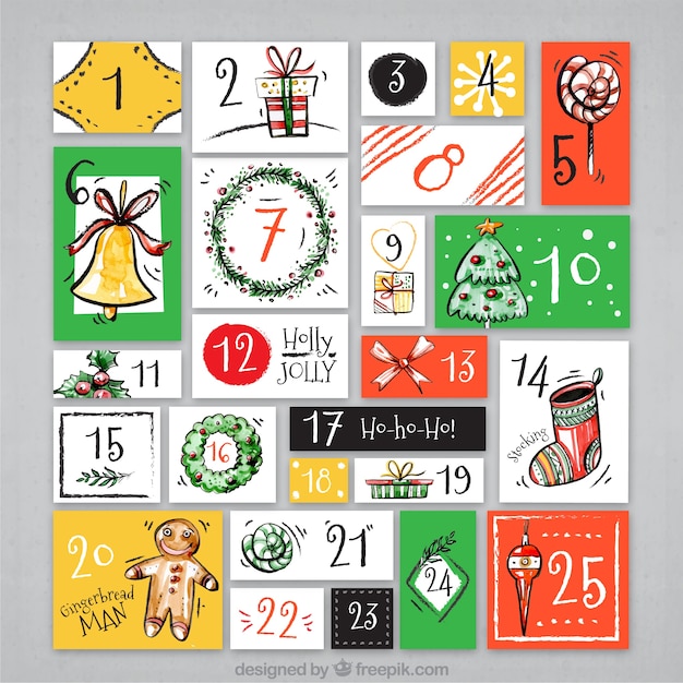 Vector gratuito calendaro de adviento retro pintado a mano