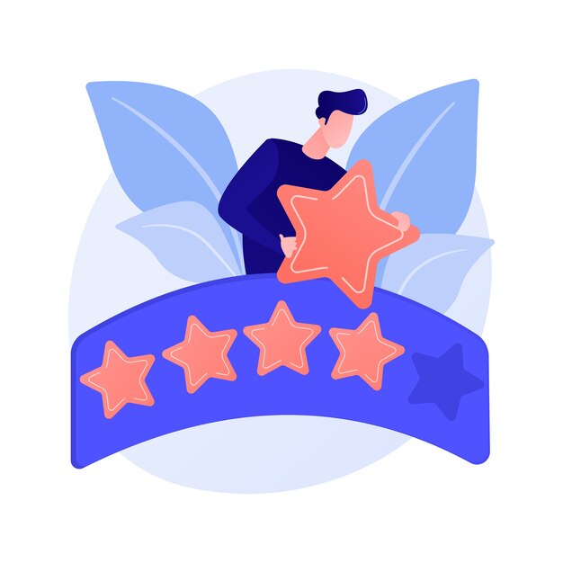 Calificación de cinco estrellas. Evaluación, calificación, estimación. Excelente revisión, satisfacción del cliente con el servicio, puntaje más alto. Ilustración del concepto de comentarios del cliente