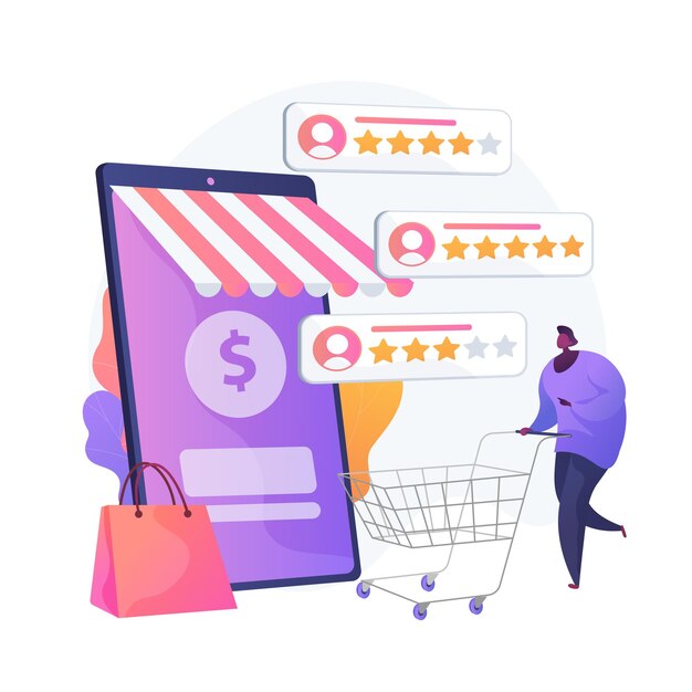Calificación y comentarios de los usuarios. Comentarios de clientes icono web de dibujos animados. Comercio electrónico, compras en línea, compras por internet. Métricas de confianza, producto mejor valorado. Ilustración de metáfora de concepto aislado de vector
