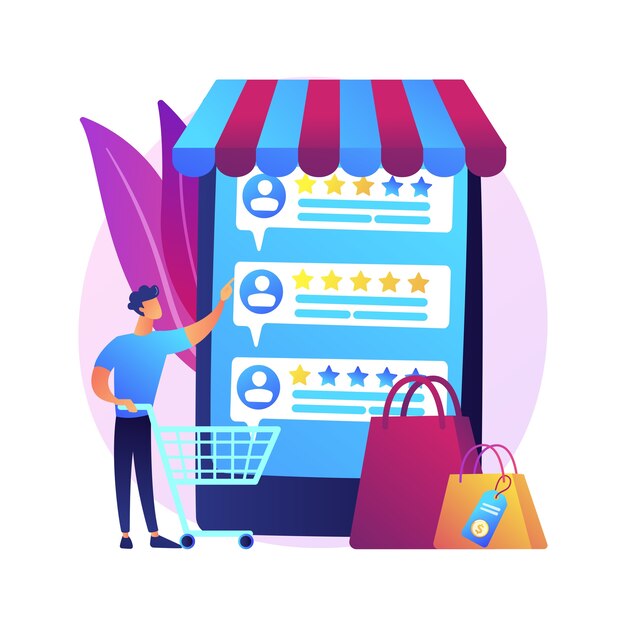 Calificación y comentarios de los usuarios. Comentarios de clientes icono web de dibujos animados. Comercio electrónico, compras en línea, compras por internet. Métricas de confianza, producto mejor valorado