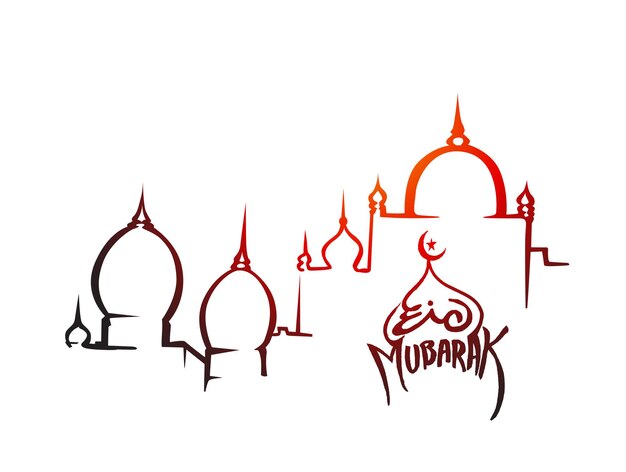 Caligrafía de celebración de Eid Mubarak Letras elegantes Texto de Ramadán Kareem con ilustración vectorial de mezquita
