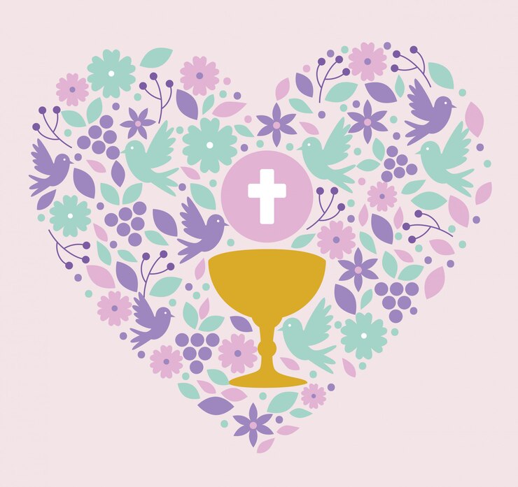 Vector gratuito cáliz con hostia sagrada y palomas dentro del corazón al evento