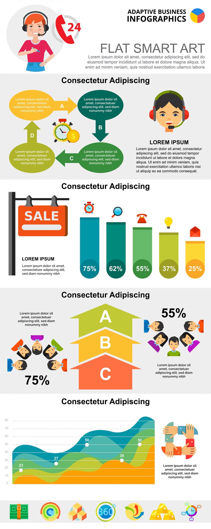 Vector gratuito call center y estadísticas concepto infográfico conjunto de gráficos