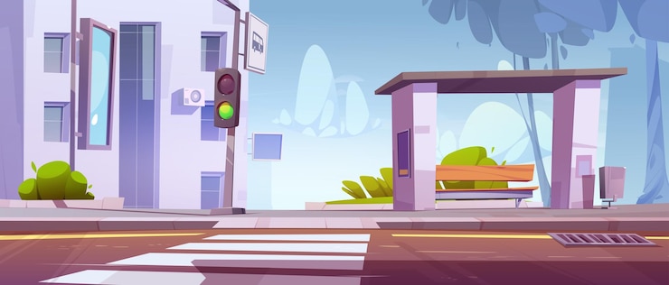 Vector gratuito calle de la ciudad con banco de parada de autobús y cruce de carreteras