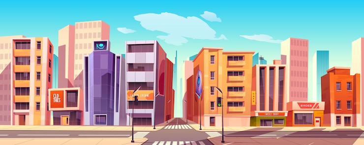 Vector gratuito calle de la ciudad con casas, tiendas y carreteras.
