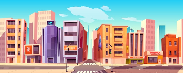 Calle de la ciudad con casas, tiendas y carreteras.