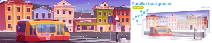 Vector gratuito calle de la ciudad con casas, tranvía y carretera vacía con paso de peatones en invierno. fondo de paralaje de vector para animación 2d con ilustración de dibujos animados de la ciudad con tranvía, edificios y nieve