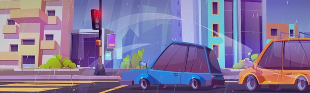 Calle de la ciudad de dibujos animados con autos en clima lluvioso