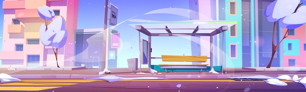 Vector gratuito calle de la ciudad de invierno de dibujos animados con parada de autobús