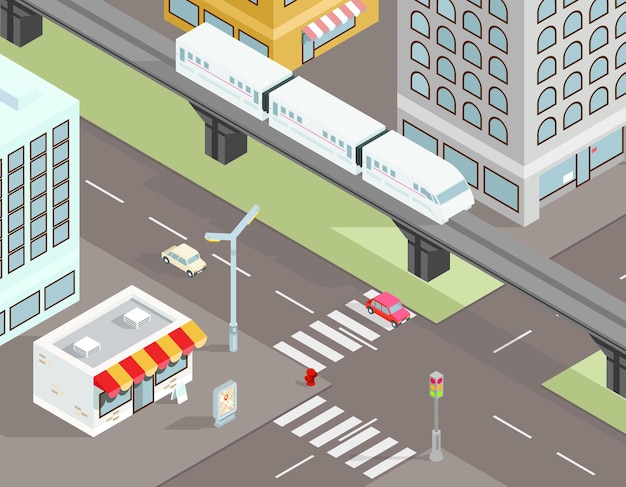 Vector gratuito calle de la ciudad isométrica con ilustración de transporte