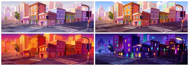 Calle de la ciudad por la noche y el día vector de dibujos animados