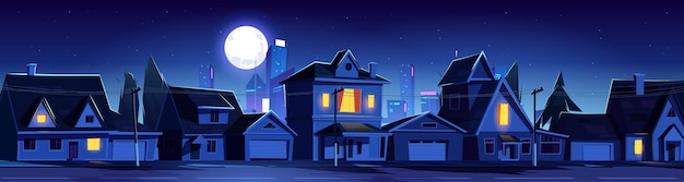 Calle de la ciudad de noche con paisaje urbano de casas de campo