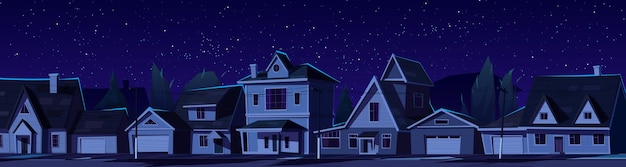 Vector gratuito calle de la ciudad suburbana con casas oscuras en la noche