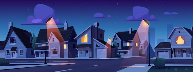 Vector gratuito calle de la ciudad suburbana de dibujos animados en la noche