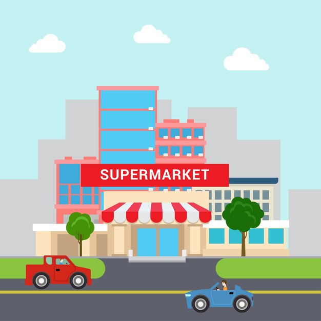 Calle de estacionamiento y transporte de edificio de centro comercial de supermercado de divertidos dibujos animados de estilo plano. Colección de marketing empresarial.