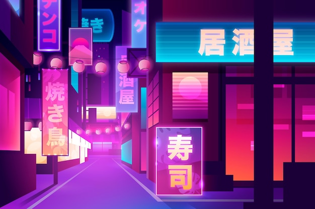 Vector gratuito calle japonesa en luces de neón