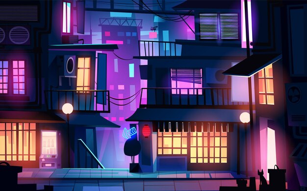 Calle nocturna de la ciudad con carretera y escena de construcción
