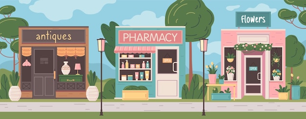 Calle plana de la ciudad con fachadas de pequeñas empresas de flores de farmacia y tiendas de antigüedades ilustración vectorial