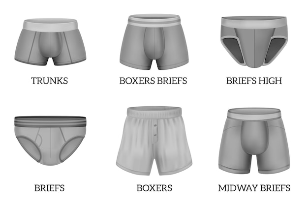 Calzoncillos de hombre en blanco realistas con diferentes modelos aislados en la ilustración de vector de fondo blanco