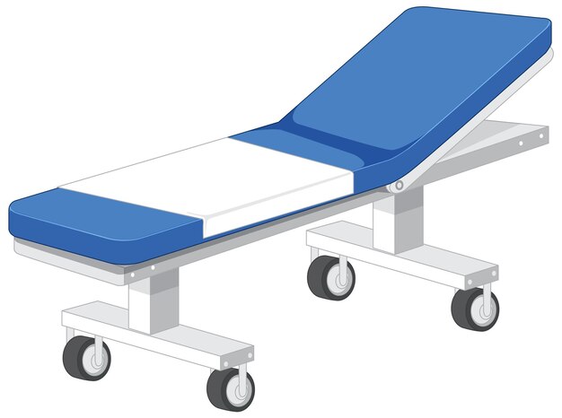 Cama de hospital con ruedas sobre fondo blanco.
