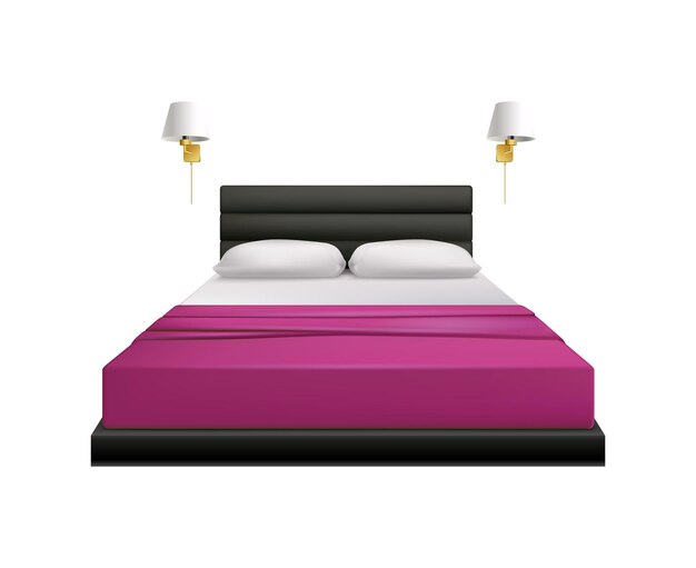 Cama realista con dos almohadas colcha y lámparas de noche ilustración vectorial