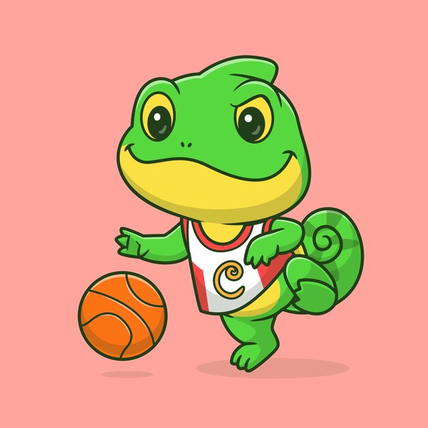 Camaleón lindo jugando al baloncesto Icono vectorial de dibujos animados Ilustración de animales Icono deportivo aislado plano