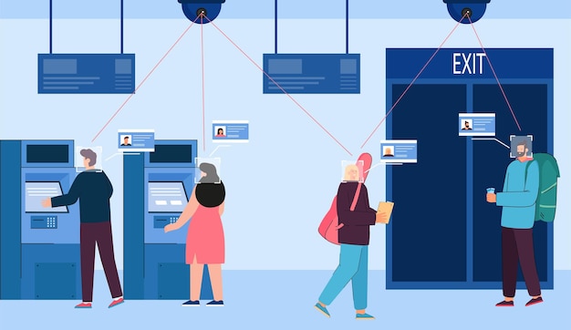 Cámara ai escaneando caras de personas tomando dinero del cajero automático. cajeros automáticos en banco, sistema de reconocimiento facial, avatares con datos digitales, ilustración vectorial plana. concepto de tecnología, seguridad o protección.