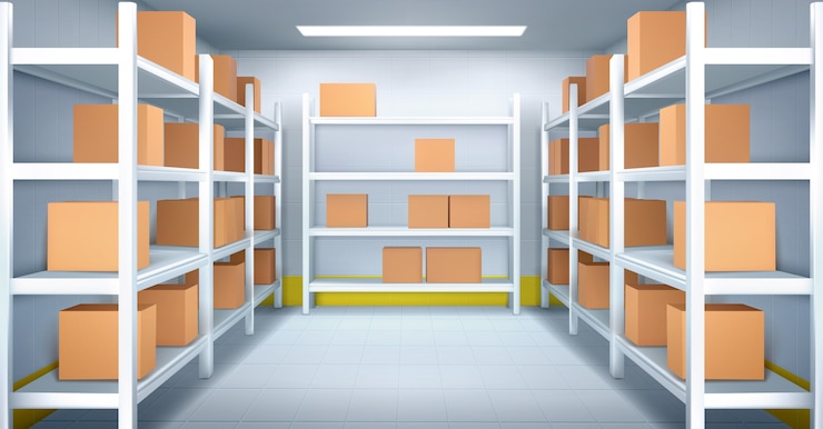 Vector gratuito cámara frigorífica en almacén con cajas de cartón sobre racks. interior realista de almacenamiento industrial con estantes, paredes y piso de azulejos. cámara frigorífica en fábrica, tienda o restaurante.