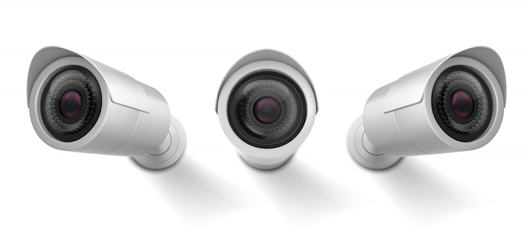 Vector gratuito cámara de seguridad, cámara de video cctv, vista de ángulo frontal y lateral del equipo de vigilancia de observación de la calle.