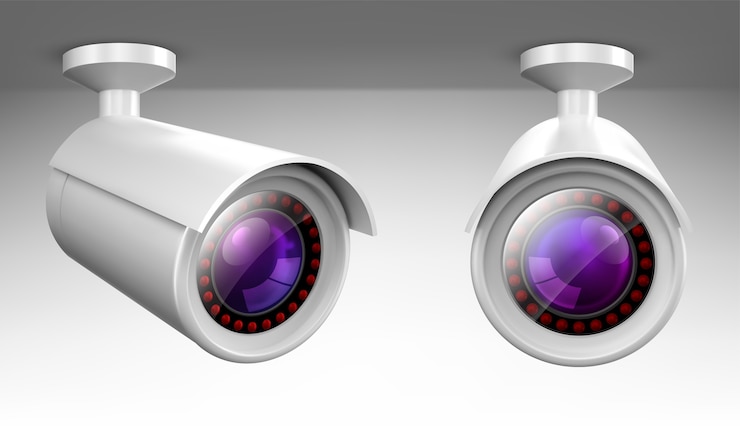 Vector gratuito cámara de seguridad, cámara de video cctv, vista de ángulo frontal y lateral del equipo de vigilancia de observación de la calle.