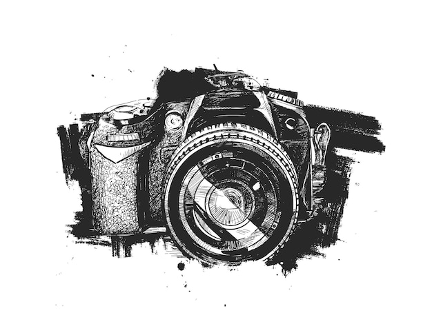 Cámara SLR Grunge camiseta Diseño Dibujado a mano Dibujo Vector ilustración