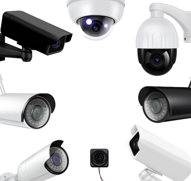 Cámaras de seguridad de videovigilancia composición realista cámaras en blanco y negro forman una ilustración de círculo