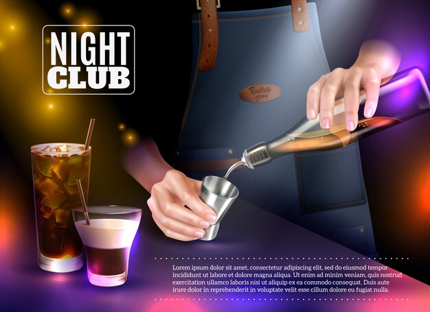 Camarero masculino haciendo cócteles en club nocturno realista