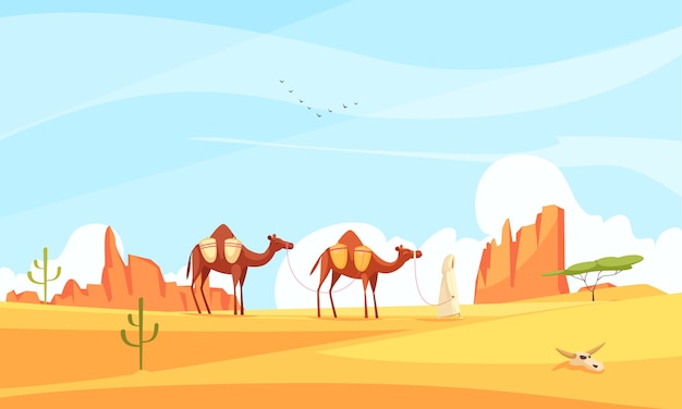Vector gratuito camel train desert composition