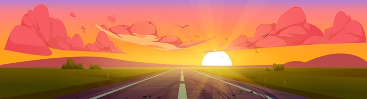 Vector gratuito camino al atardecer vista en perspectiva verano naturaleza