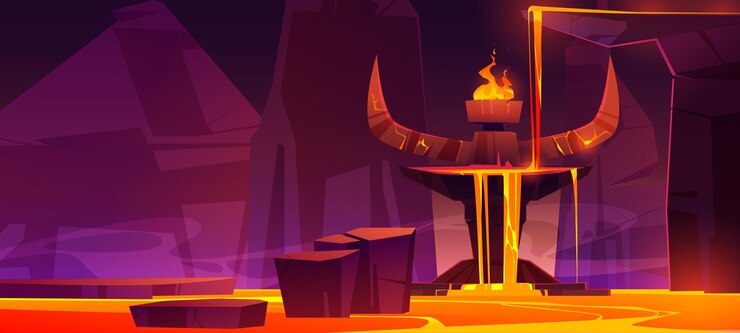 Vector gratuito camino al infierno, cueva infernal caliente con flujo de lava del altar con enormes cuernos de piedra del diablo y fuego ardiente en la parte superior