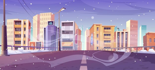 Camino a la ciudad, calle de la ciudad con edificios con tiendas y casas en invierno. Paisaje urbano de dibujos animados de vector con carretera vacía, arquitectura urbana, nieve, nevadas y ventisca