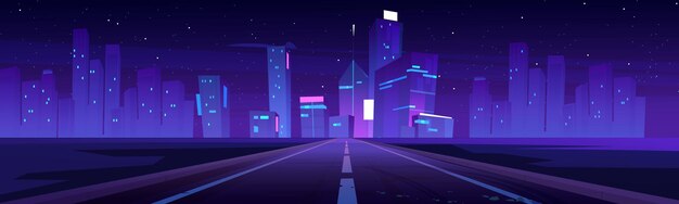 Camino a la ciudad nocturna, autopista vacía y horizonte resplandeciente con arquitectura urbana futurista, infraestructura de megapolis con edificios modernos de rascacielos, fondo de neón púrpura, ilustración de vectores de dibujos animados