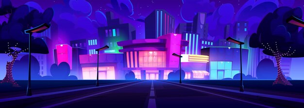 Camino a la ciudad con varios pisos y luces de neón