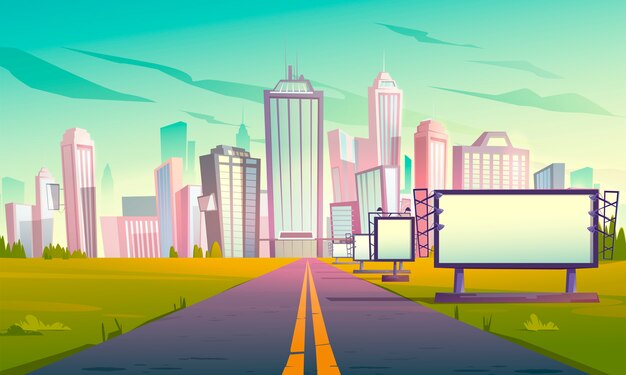 Camino a la ciudad con vista en perspectiva de vallas publicitarias