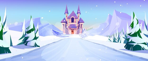 Camino helado de invierno al castillo mágico fondo del reino de cuento de hadas palacio para la princesa en el bosque de pinos con nieve cayendo paisaje de cuento de hadas de la naturaleza con arquitectura de fortaleza medieval y camino