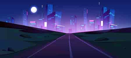 Vector gratuito camino nocturno al paisaje vectorial de la ciudad futurista