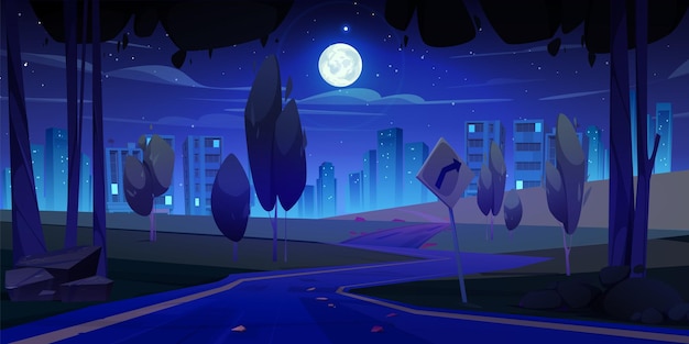 Vector gratuito camino nocturno a la ciudad en el paisaje forestal de fondo vista perspectiva de edificios urbanos en el horizonte hermosa metrópolis por encima de la luz de la luna llena y las estrellas en el cielo concepto lejano paisaje urbano en el valle